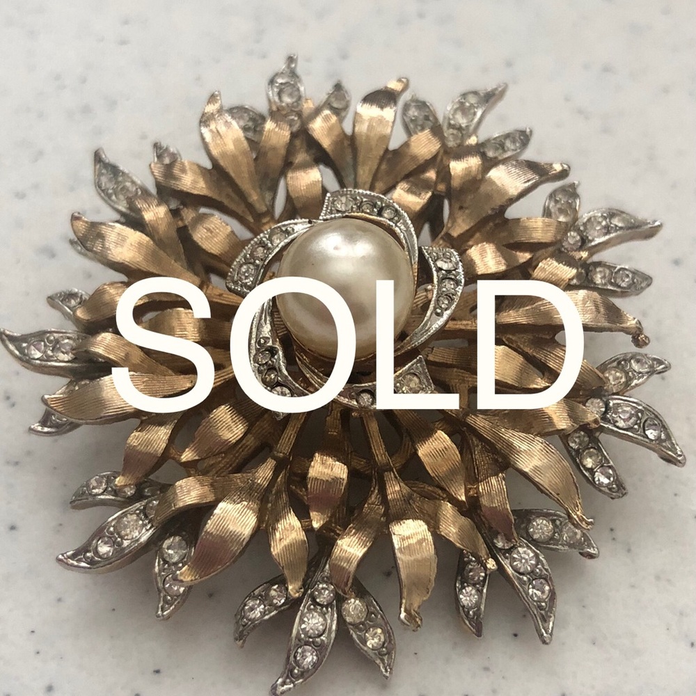 Vintage Faux Pearl and Rhinestone Sunburst Brooch